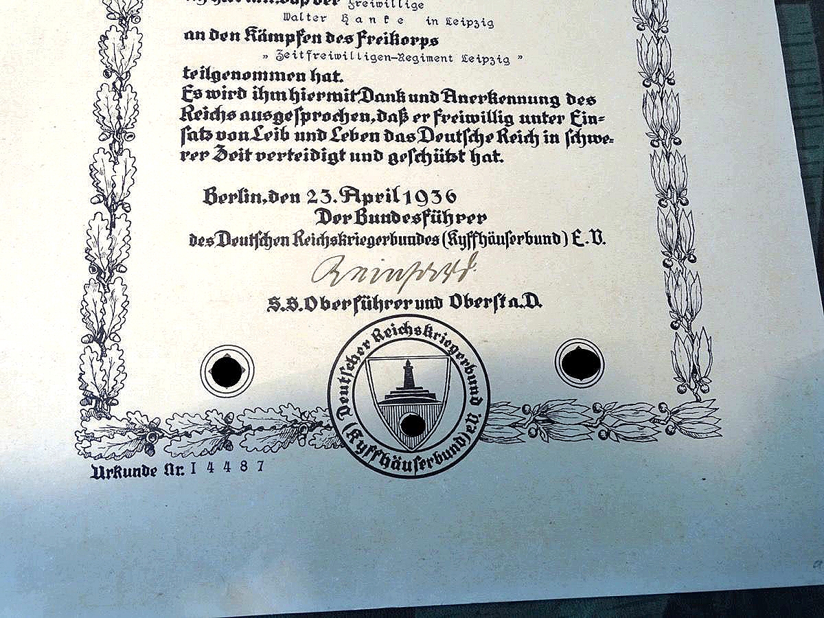 Seltene Schmuckurkunde für die Teilnahme an den Kämpfen des Freikorps Zeitfreiwilligen-Regiment Leipzig