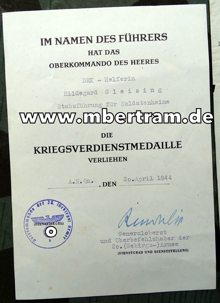 Seltene KvK Medaillen Urkunde: Stabsführung f. Soldatenheime, DRK, 1944, Lappland
