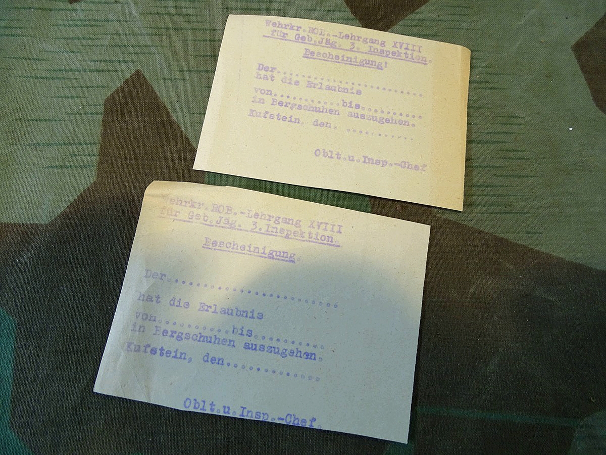 2 Blanko Vordrucke für Gebirgsjäger " Erlaubnis in Bergschuhen auszugehen " Marburg Drau 194...