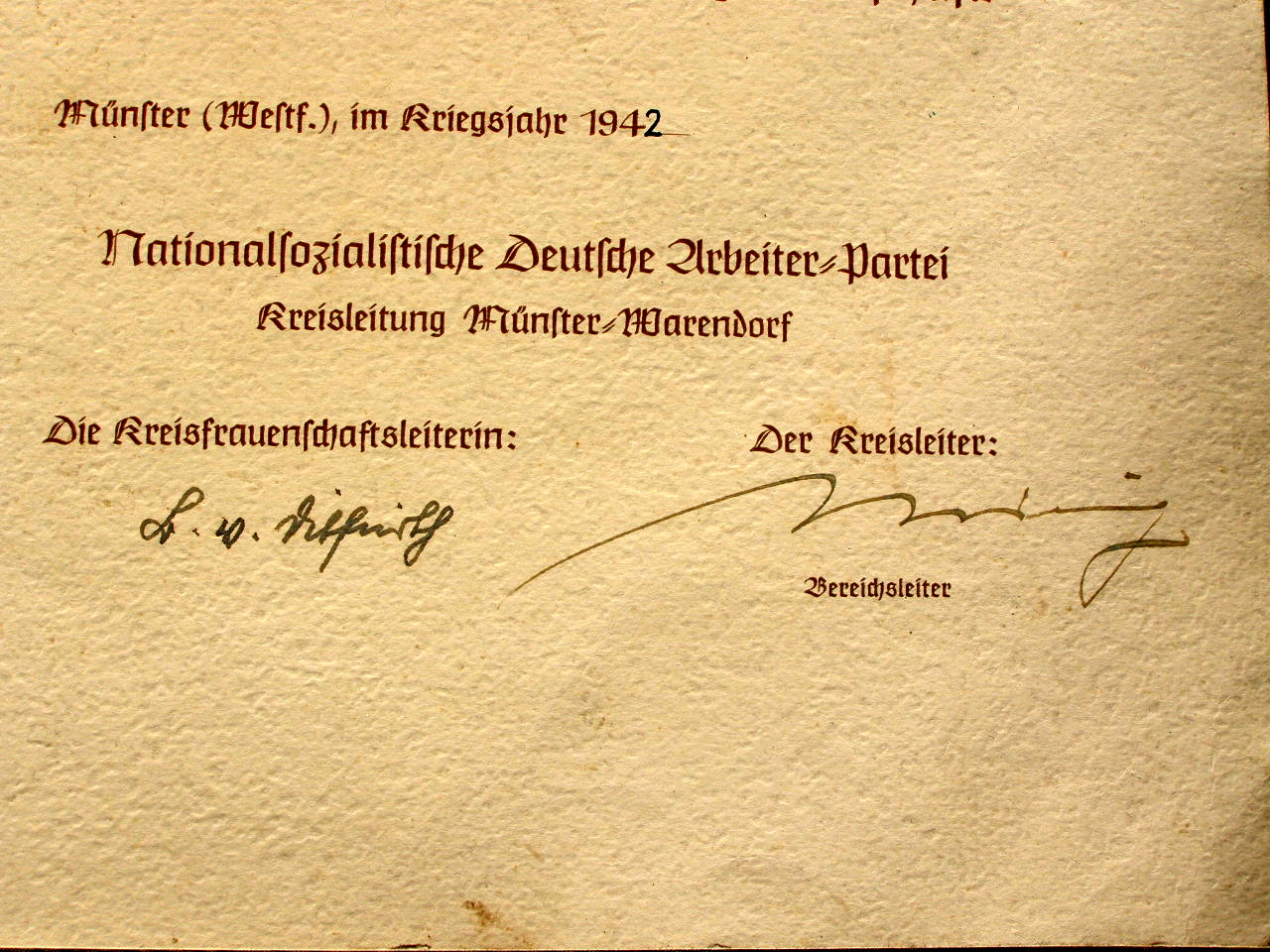Din A 4 Anerkennungsurkunde der Kreisfrauenschaft, 1942