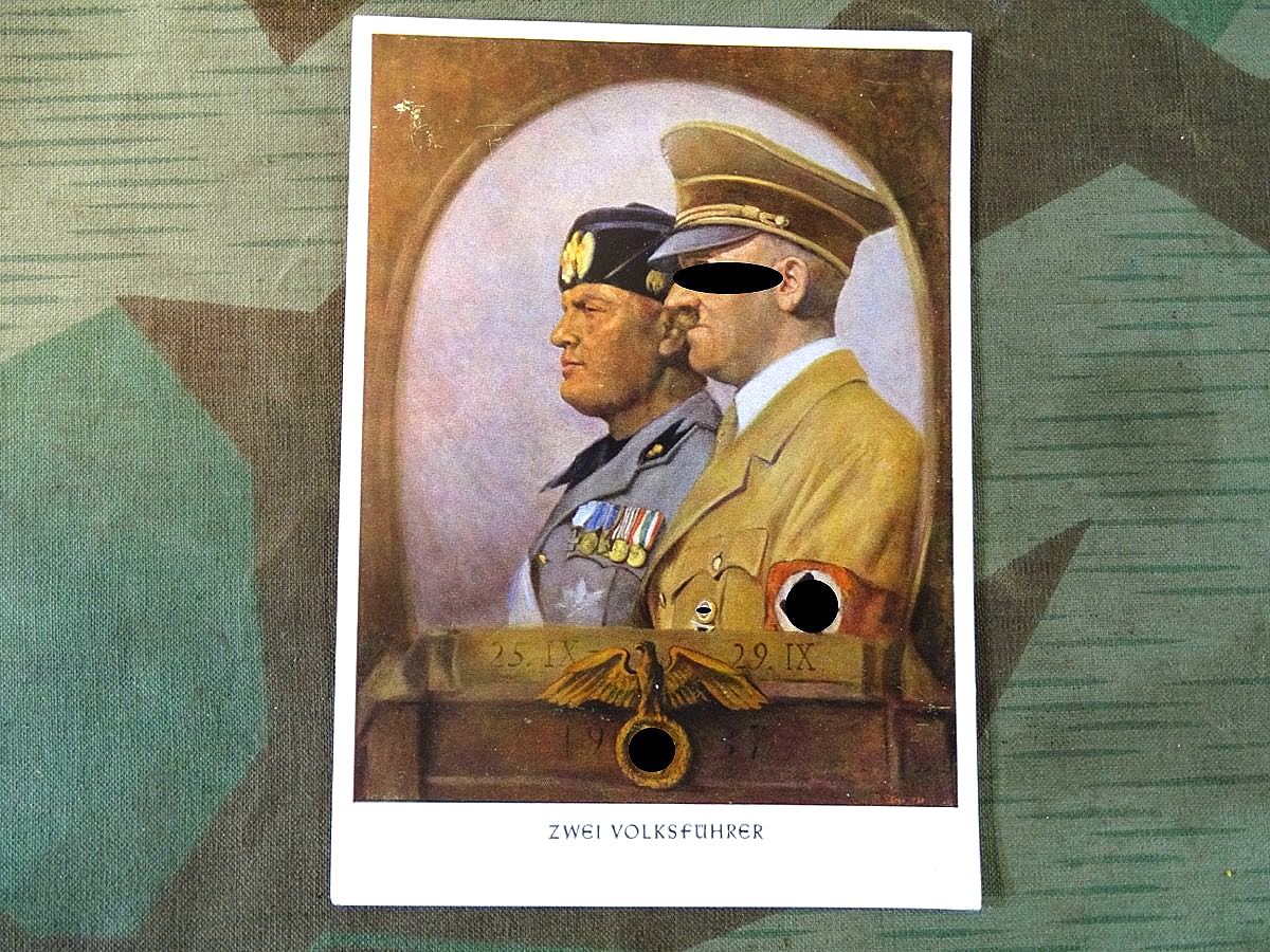 Bunte Propaganda Postkarte Mussolini  und A.Hitler - 2 Volksführer