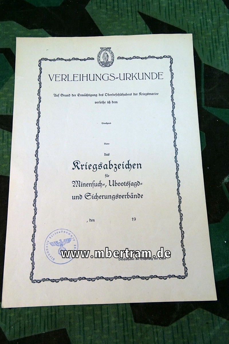 Blanko Urkunde für das Mienenräum Abzeichen, Druckerei Nachlass