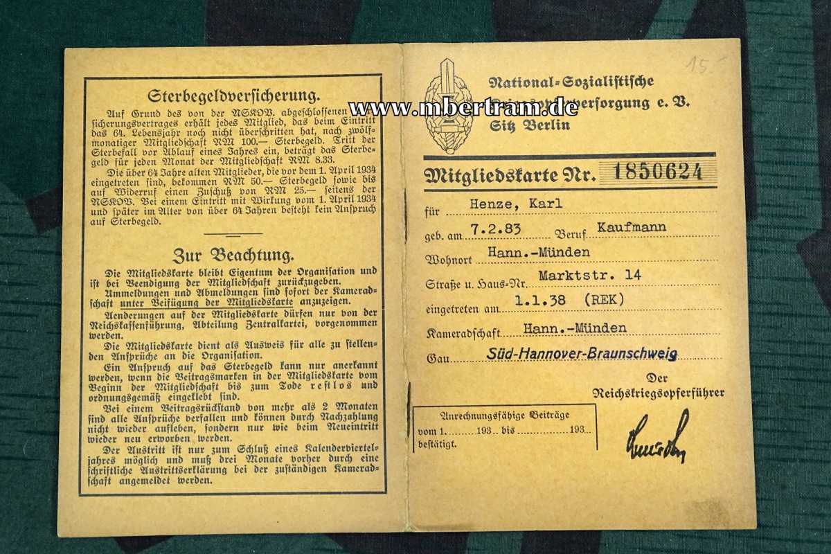 Mitgliedskarte NSKOV , Karl Henze, Hann. Münden, 1.1.1938