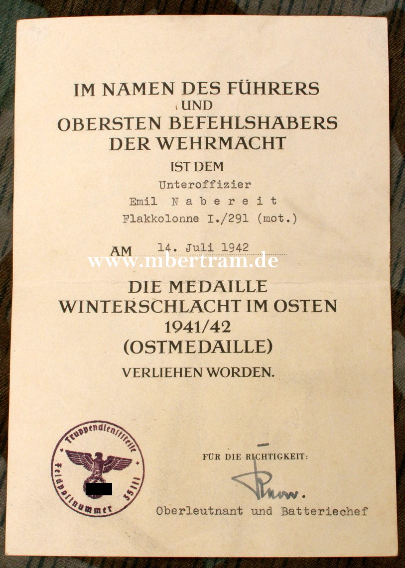 Urkunde Ostmedaille, ( Heeresflak- relativ selten !)