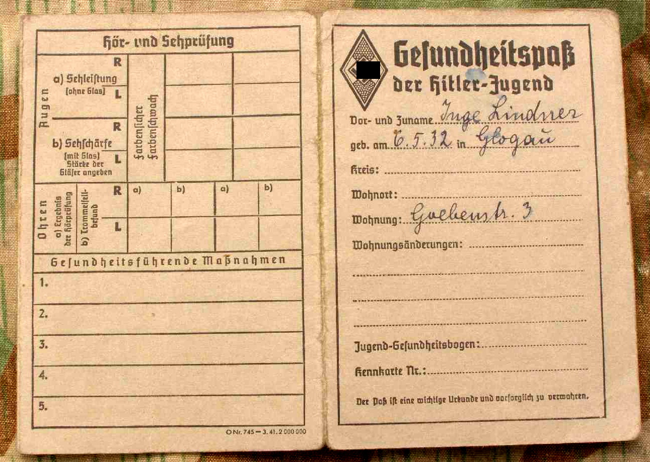 Gesundheitspass Hitlerjugend, Inge L., Glogau 21.01.1942