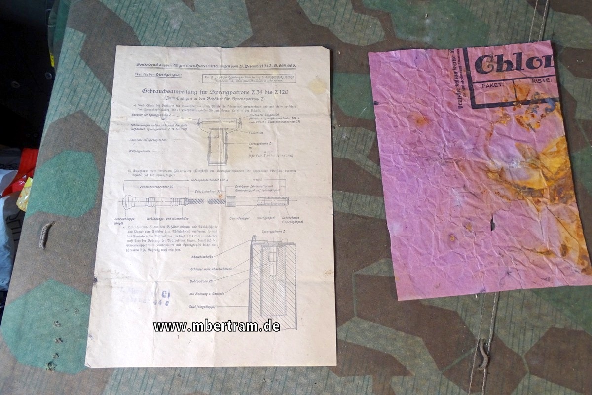 Original Wehrmachts Pionier Beipackzettel für " Z"  Ladung mit Packpapier