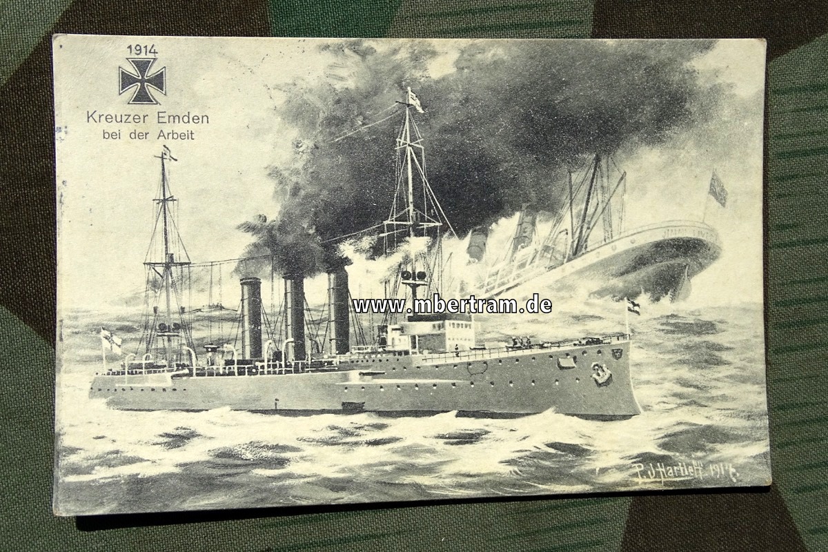 Postkarte 1914 Kreuzer Emden bei der Arbeit, gelaufen 2.3.1915