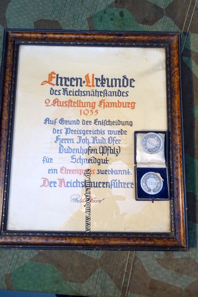 Medaille Reichsnährstandausstellung Hamburg 1935, Frankfurt 1936, Etui, Urkunde