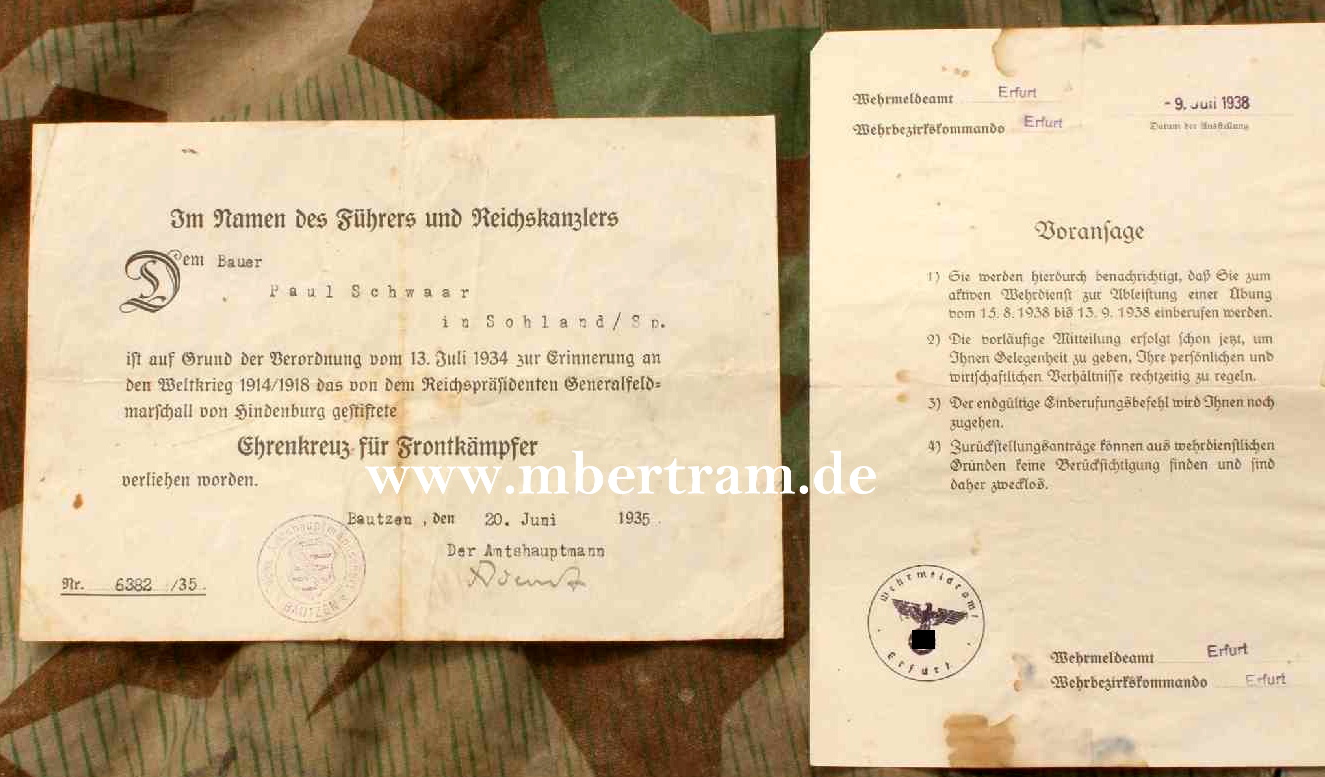 Urkunde für Ehrenkreuz für Frontkämpfer, Bautzen 1935