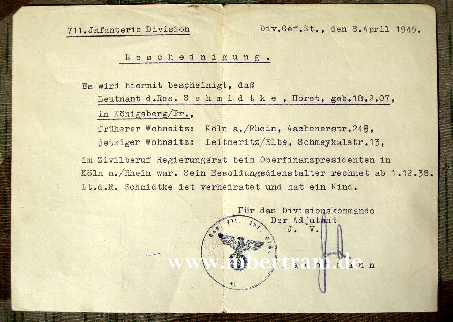 Bescheinigung Leutnant 711 Inf. Div.. Besoldung, 8.4.1945