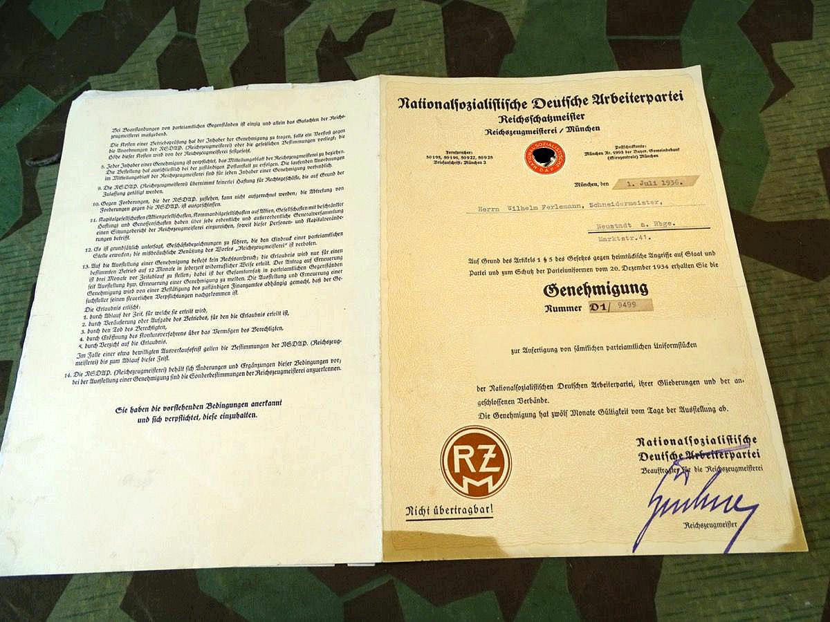 RZM Genehmigung, Zuteilung RZM Nummer D1/ 9499 zur Herstellung von Partei Uniformen