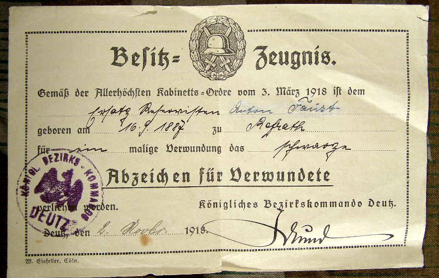 Besitzzeugnis Verwundeten Abzeichen in Schwarz. .1918